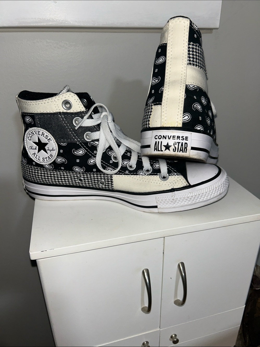 Converse Women’s Black & White Patchwork High Top Sneakers